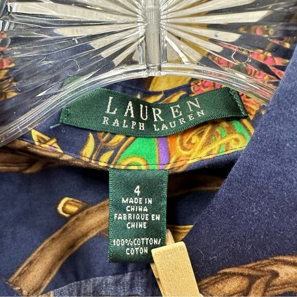 Lauren Ralph Lauren navy equestrian horse bit  button up peplum shirt size 4 - Picture 4 of 16